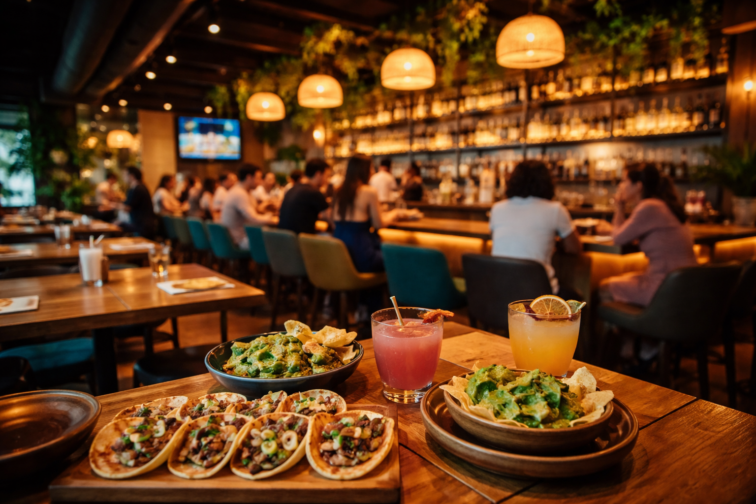 Interior of a modern Mexican restaurant in Waukegan featuring street-style tacos, fresh guacamole, and handcrafted cocktails on a table with a warm, lively dining atmosphere in the background.