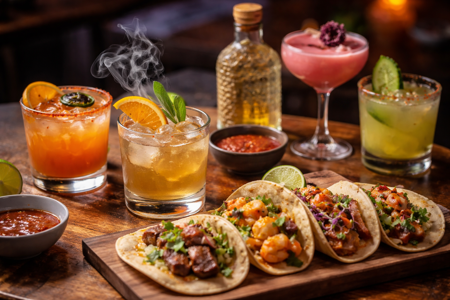Mezcal cocktails served alongside traditional Mexican tacos and salsas on a rustic wooden table, highlighting smoky spirits paired with vibrant Mexican cuisine.