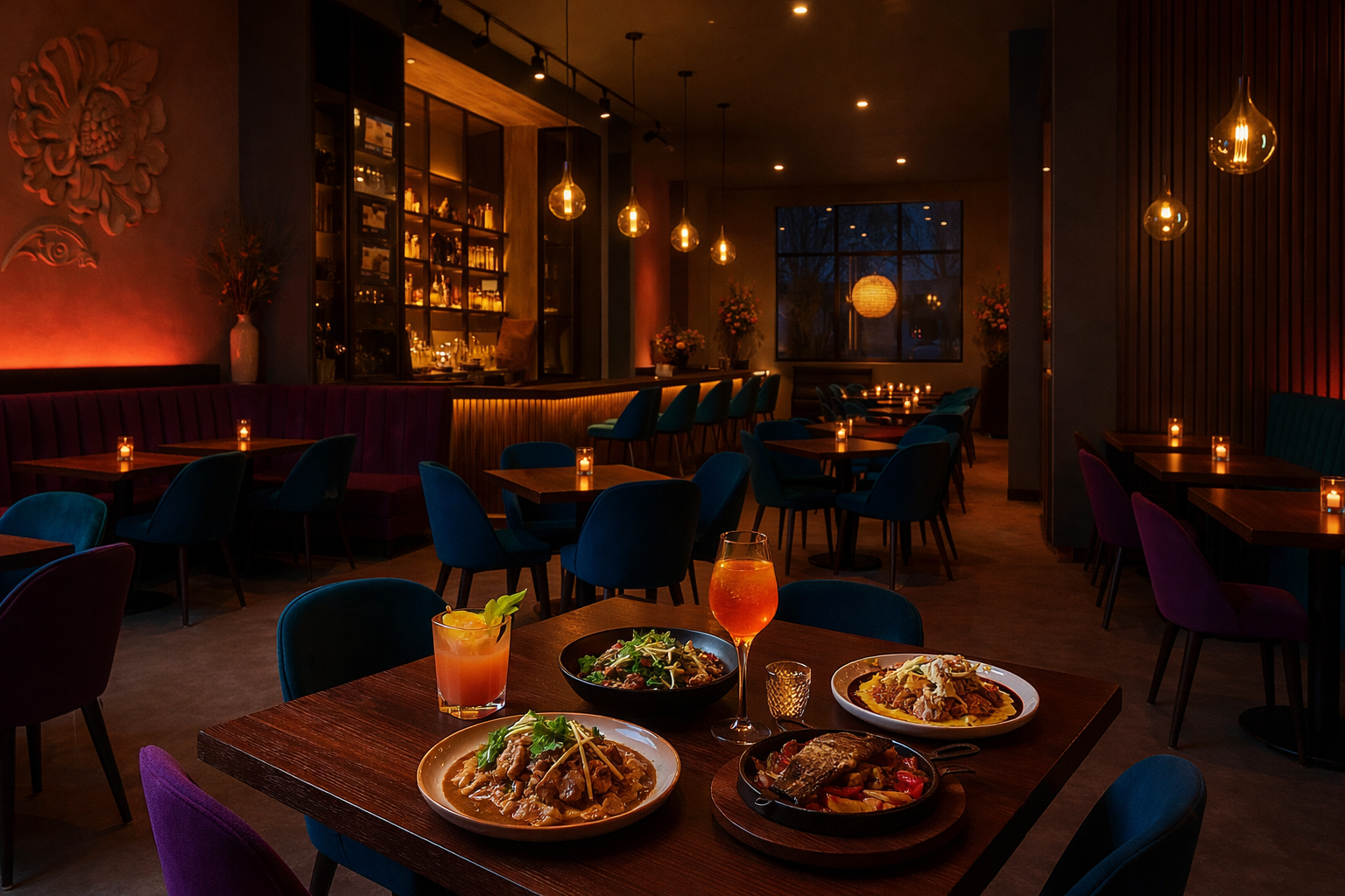 Warm, modern Mexican restaurant interior with tacos, guacamole, and colorful cocktails on a wooden table, glowing pendant lights, and a lively bar in the background.