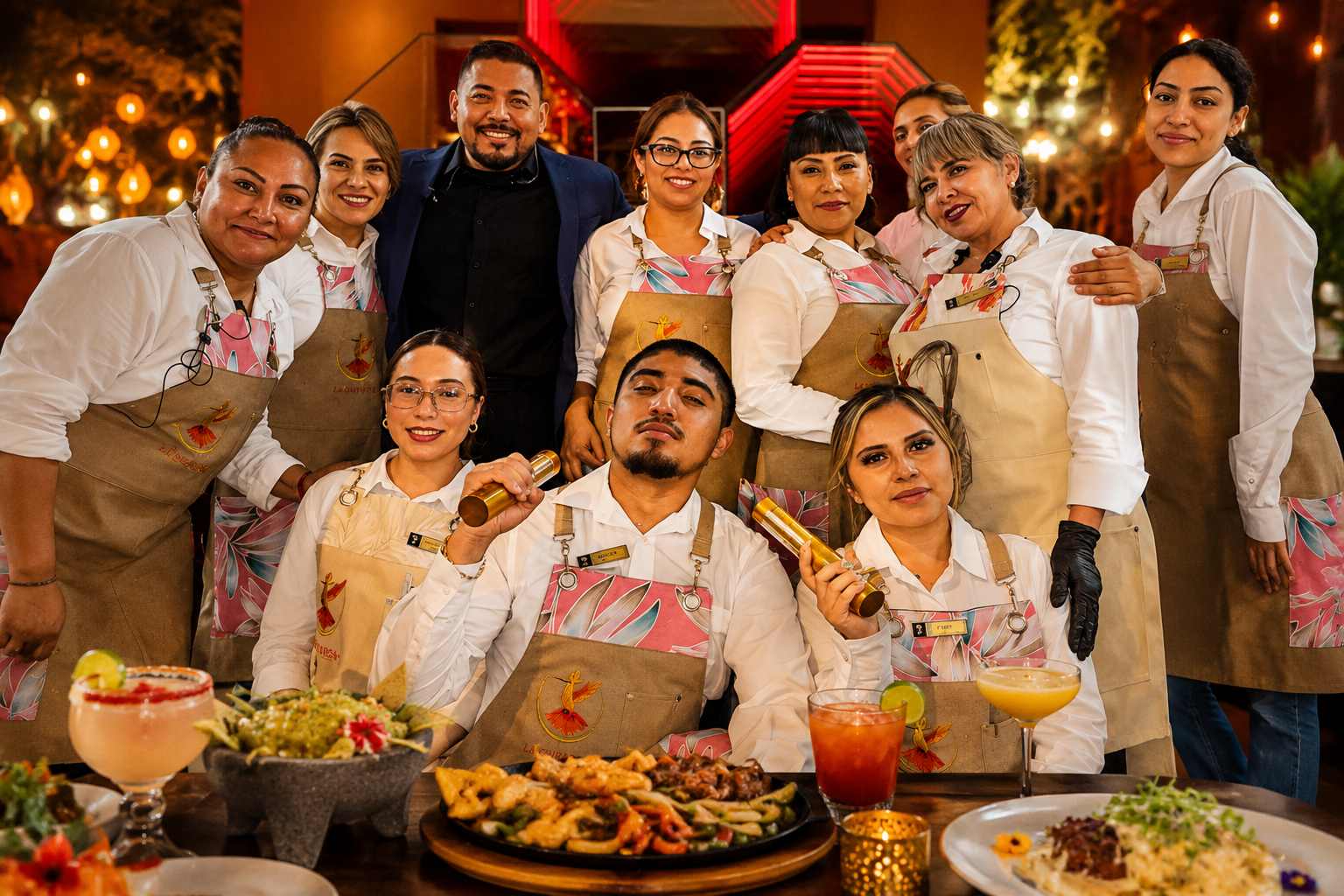 Warm group portrait of La Chuparosa restaurant staff posing together inside the restaurant with Mexican dishes, cocktails, and cozy ambient lighting in Waukegan, Illinois.
