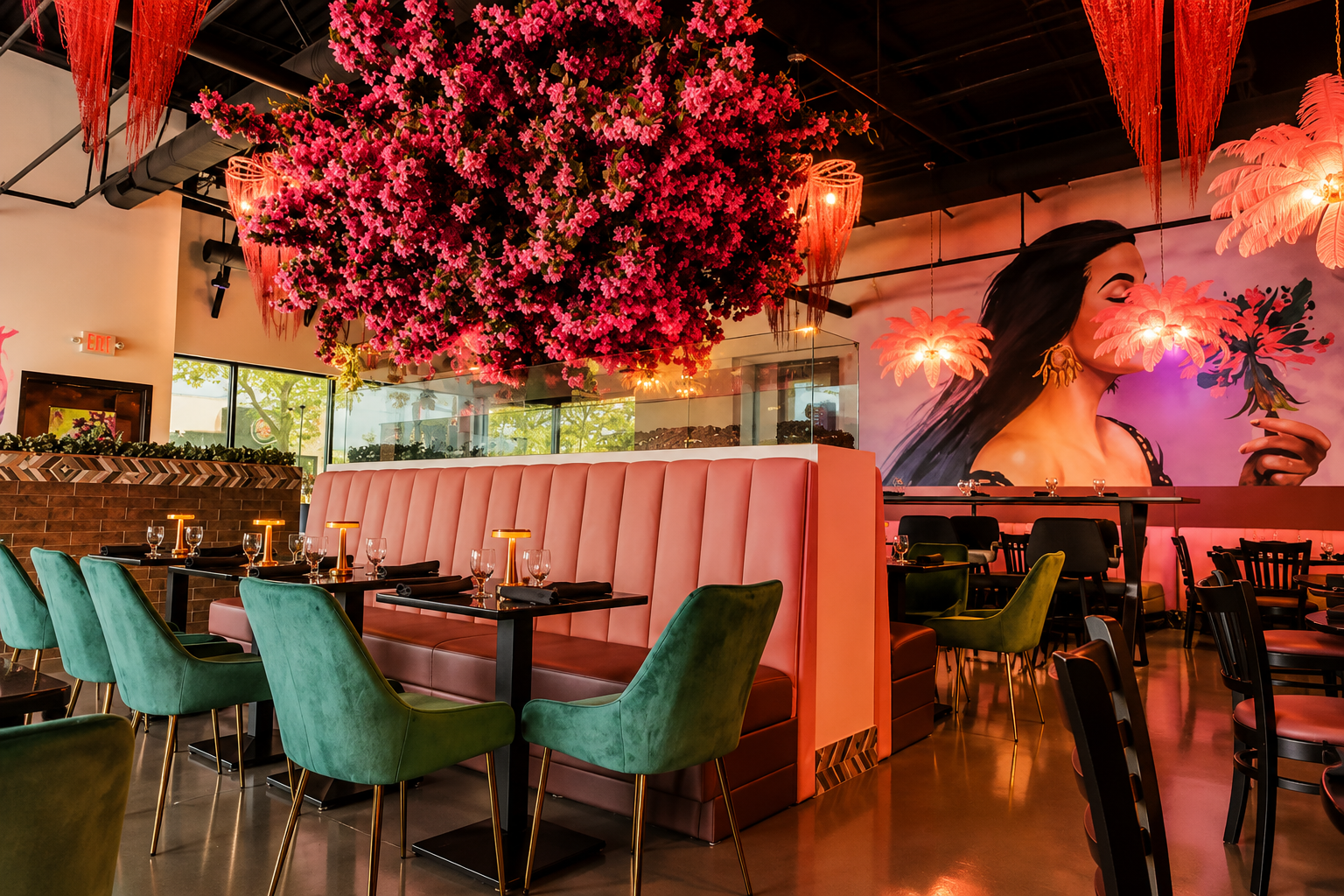 Elegant interior of La Chuparosa in Waukegan featuring plush booth seating, vibrant floral ceiling décor, warm ambient lighting, and a stylish modern Mexican dining atmosphere ideal for celebrations and special occasions.