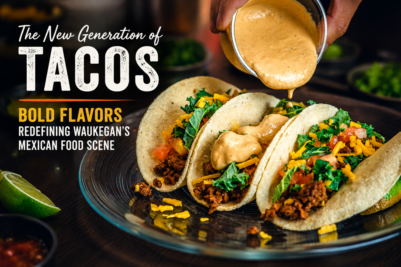 Signature tacos with fresh toppings and creamy sauce showcasing bold modern Mexican flavors at La Chuparosa in Waukegan, IL