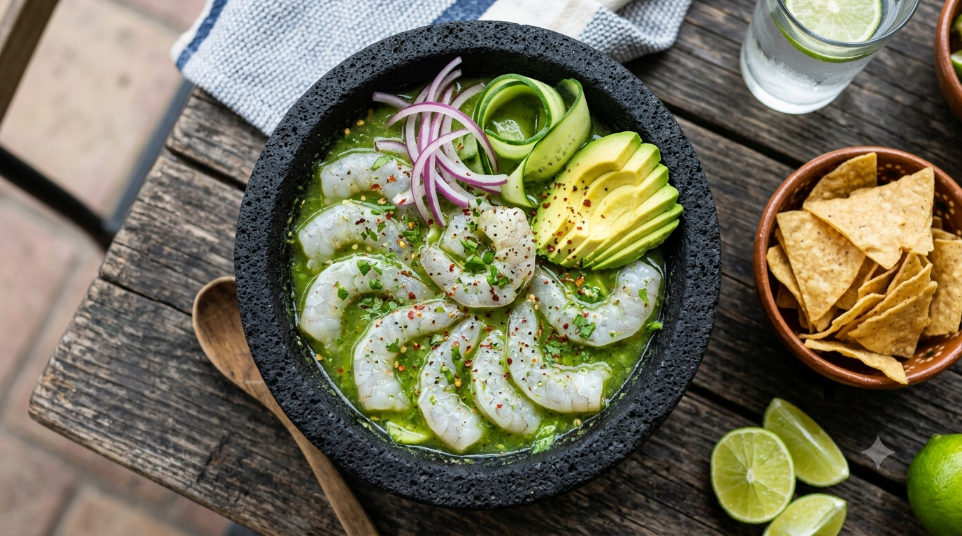 Aguachile with shrimp, cucumber, red onion, avocado, chili and cilantro in a vibrant lime-based