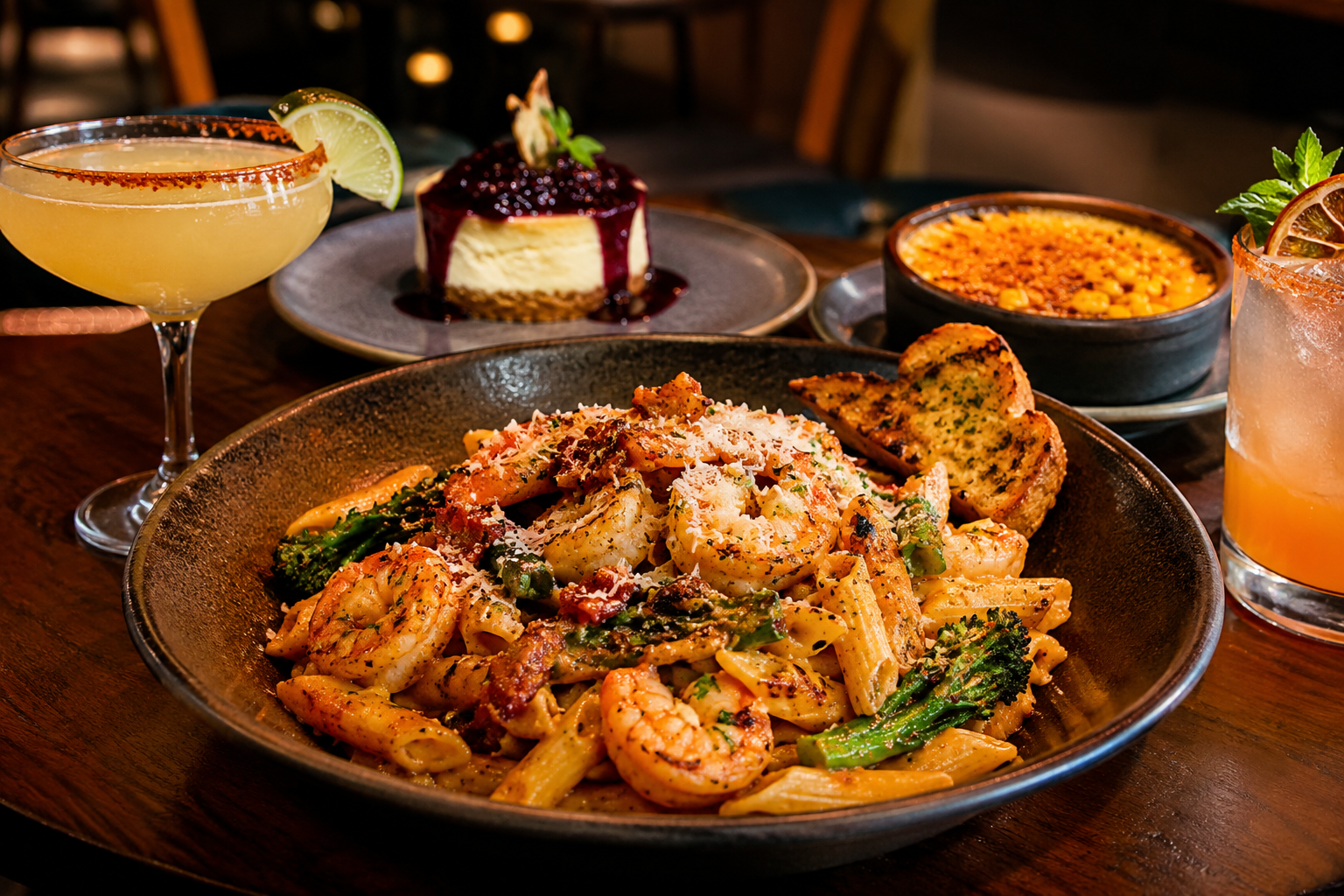 Shrimp pasta with chipotle, Parmesan, and garlic bread at La Chuparosa Mexican Urban Kitchen in Waukegan, IL.